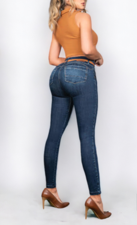 Dark Sea Butt Lifting Jeans with Dark Leather Belt