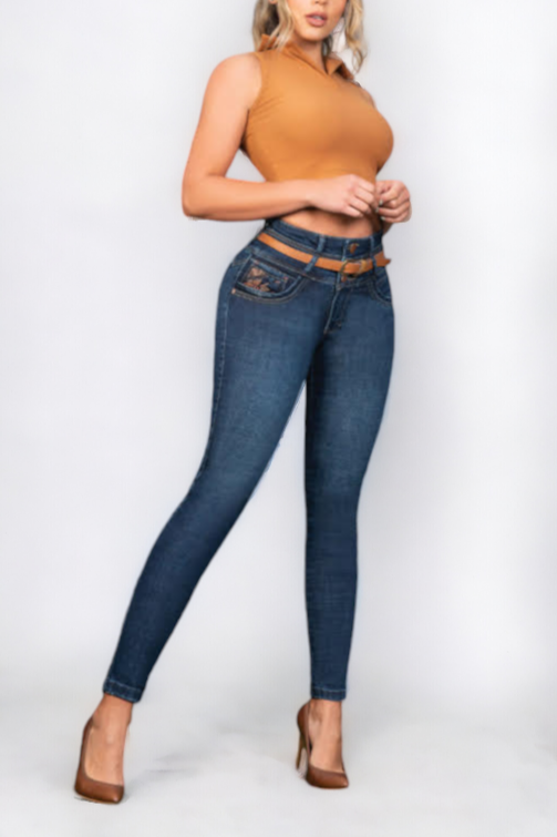 Dark Sea Butt Lifting Jeans with Dark Leather Belt