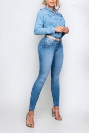 Ocean blue Butt Lift Jean with Light Leather Belt